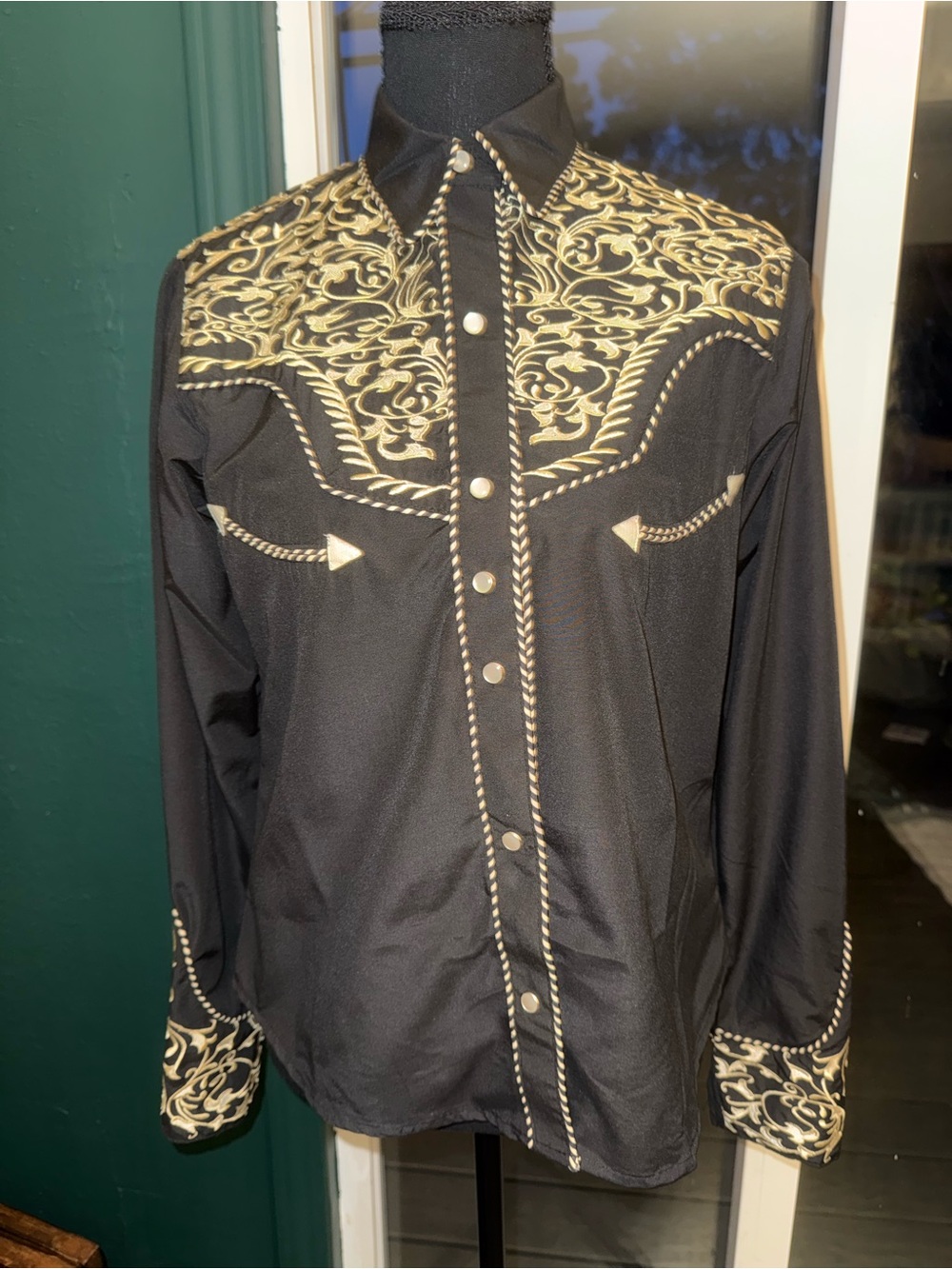 Black Embroidered Western Shirt with Gold Detailing